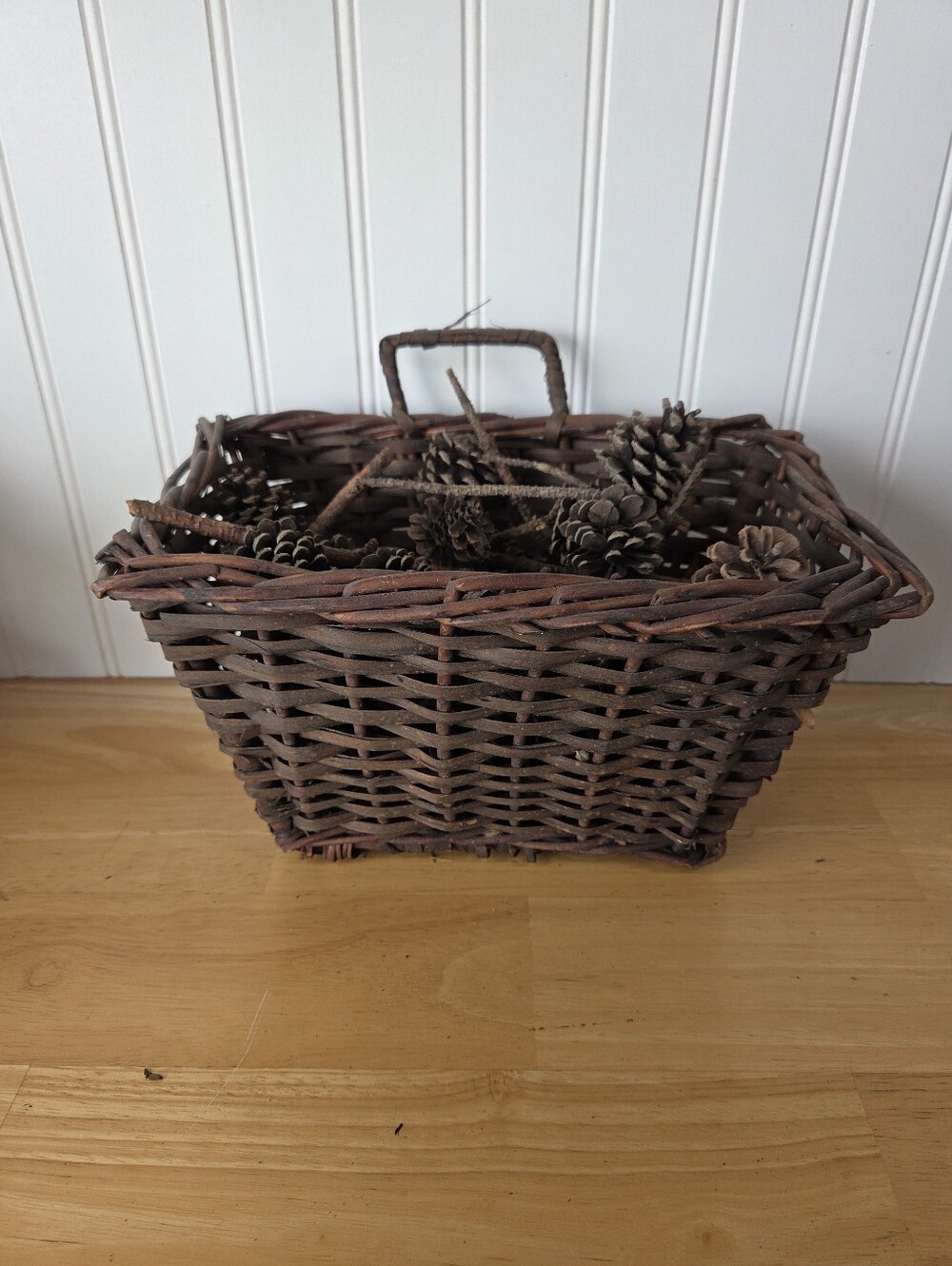 Vintage Basket Full Of Pine Cones Brown Wall Hanging